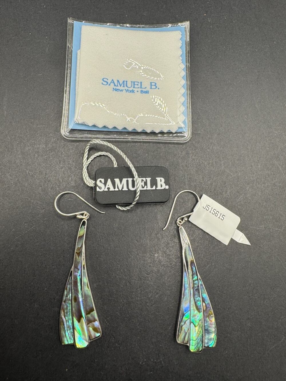 Vtg Samuel B Sterling Silver 925 Abalone Shell Dangle Drop Earrings w/ Case NOS